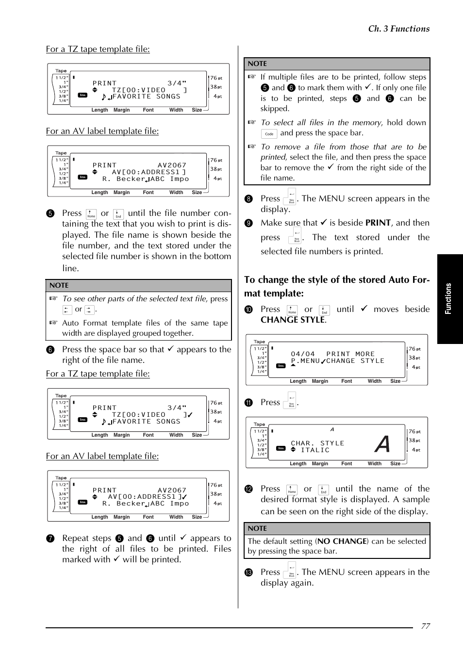 Ch. 3 functions, Fu nc ti on s, If multiple files are to be printed, follow steps | If only one file is to be printed, steps, Can be skipped | Brother PT-3600 User Manual | Page 89 / 212