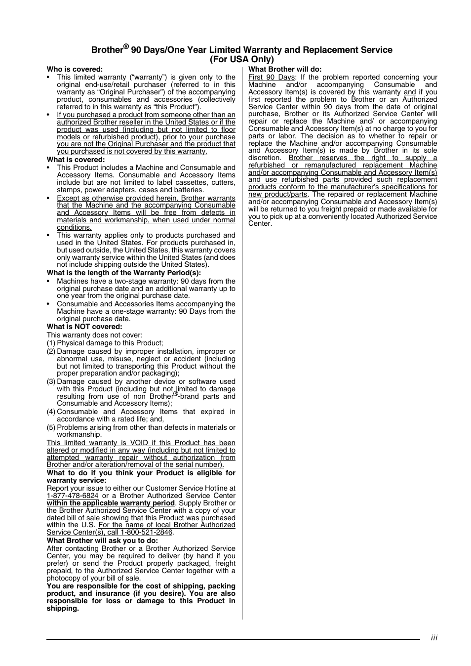 Brother, 90 days/one year limited warranty and replacement | Brother PT-3600 User Manual | Page 9 / 212