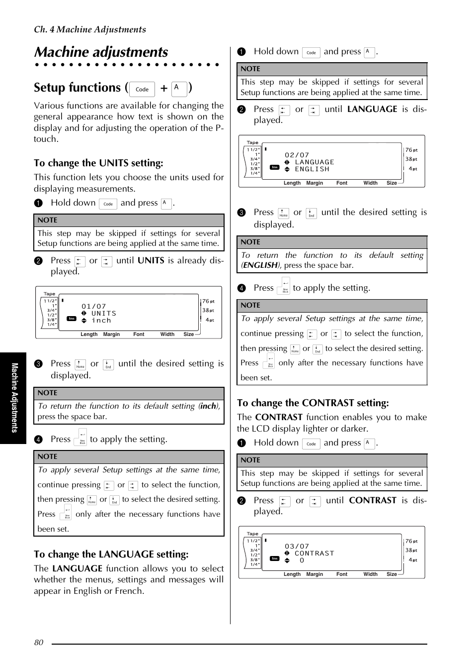 Machine adjustments, Setup functions ( d + a ), Ch. 4 machine adjustments | Mac h in e ad ju st m en ts | Brother PT-3600 User Manual | Page 92 / 212