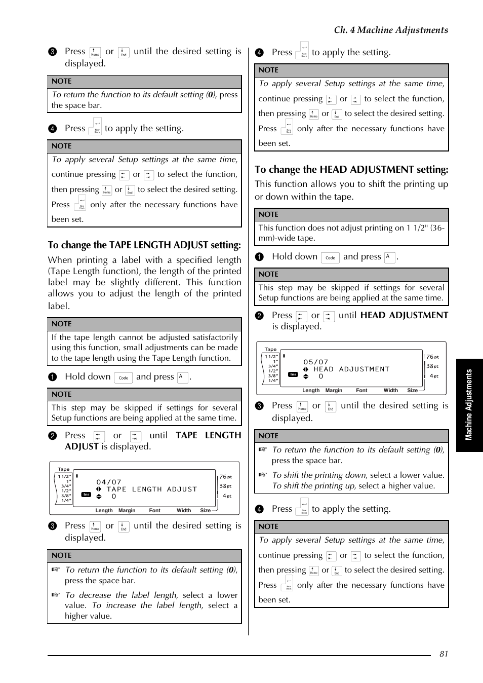 Ch. 4 machine adjustments, Mac h ine adj u st m en ts | Brother PT-3600 User Manual | Page 93 / 212