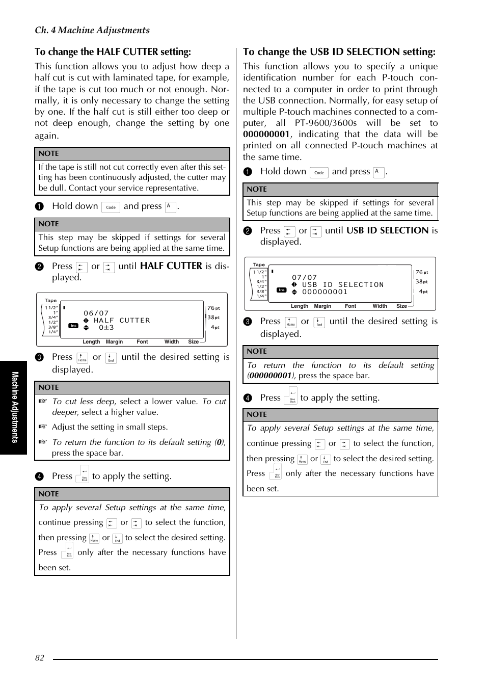 Half cutter, Ch. 4 machine adjustments, Is dis- played | Mac h in e ad ju st m en ts, Adjust the setting in small steps | Brother PT-3600 User Manual | Page 94 / 212