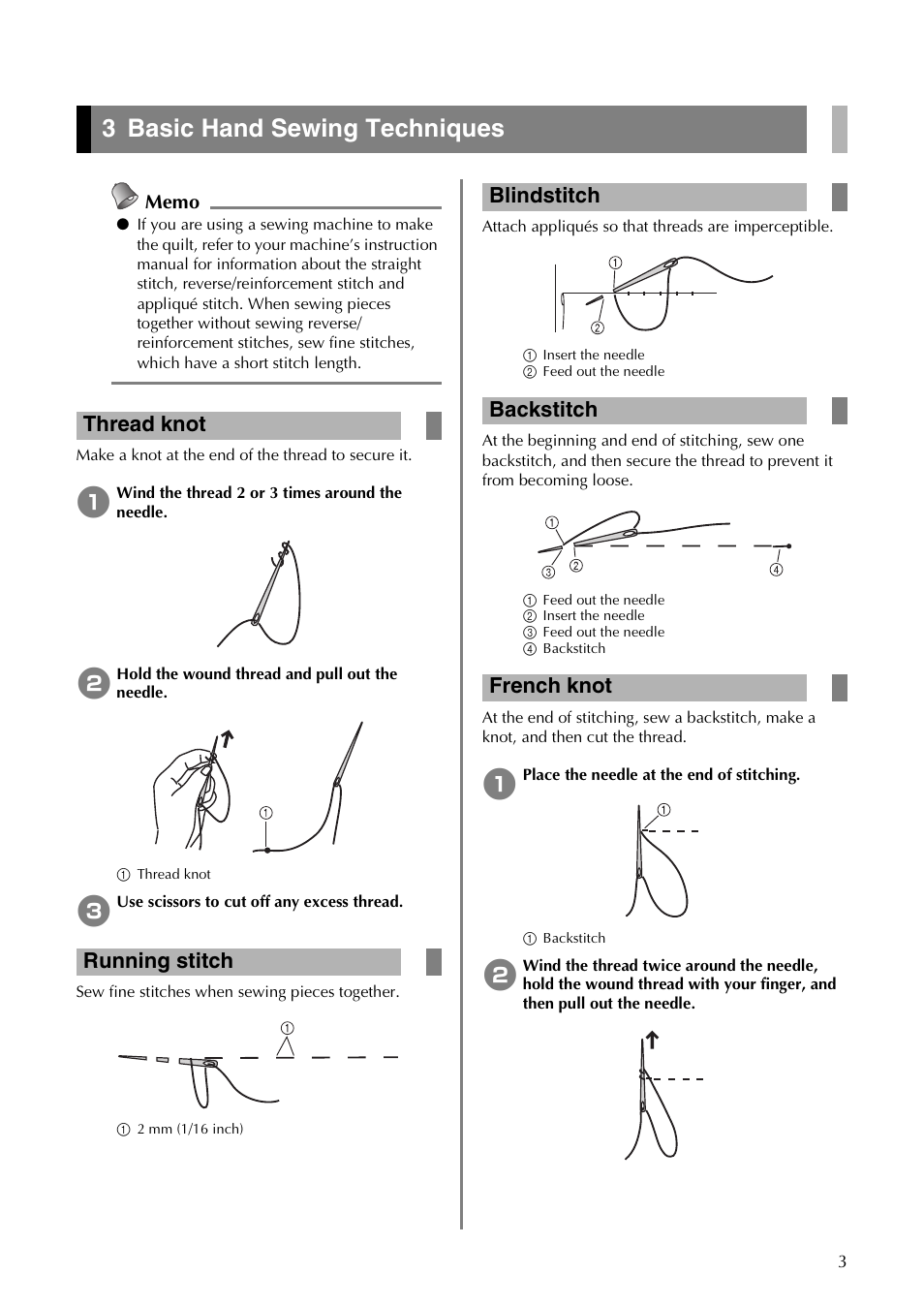 3 basic hand sewing techniques | Brother CM550DX User Manual | Page 3 / 12