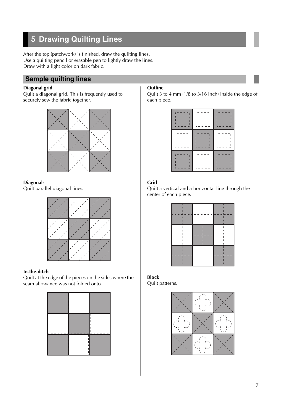 5 drawing quilting lines, Sample quilting lines | Brother CM550DX User Manual | Page 7 / 12