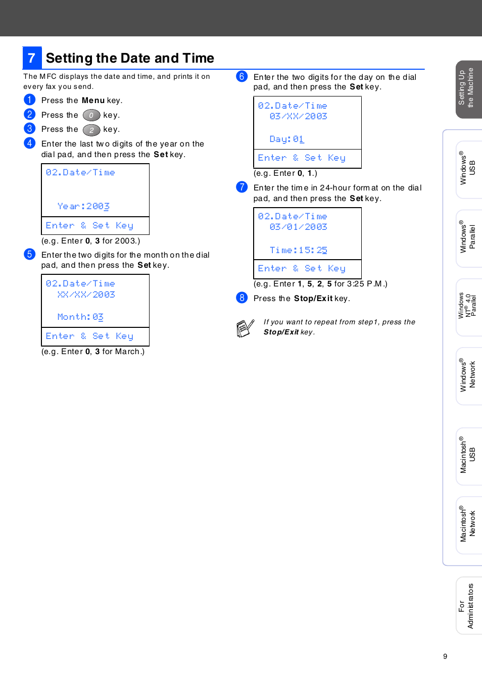Setting the date and time, S et ting t he da te a nd t im e, 7setting the date and time | Brother MFC-8420 User Manual | Page 10 / 56