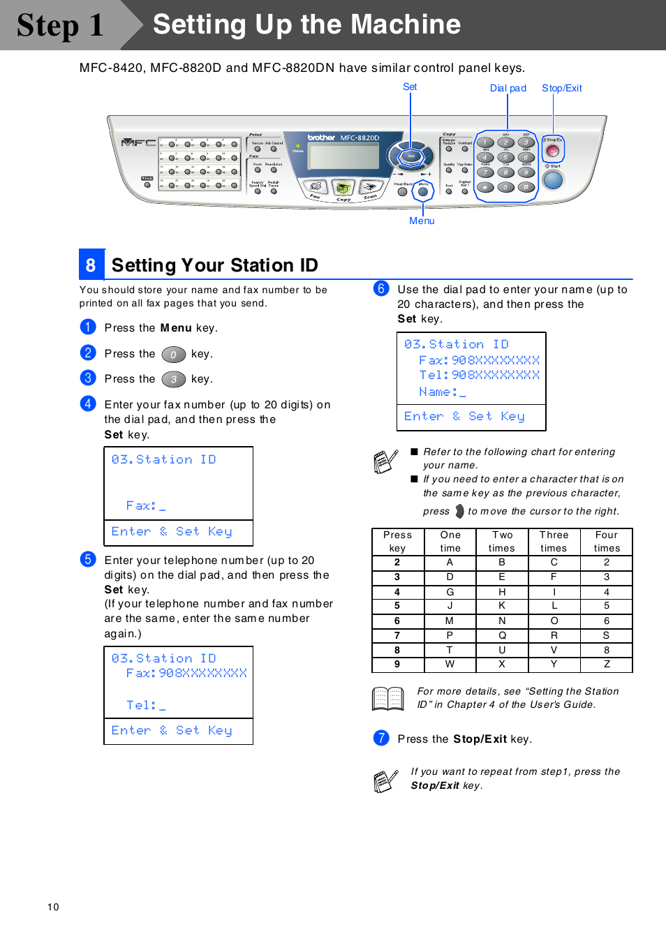 Setting your station id, S et ting y our st ation id 0, Step 1 | Setting up the machine, 8setting your station id | Brother MFC-8420 User Manual | Page 11 / 56