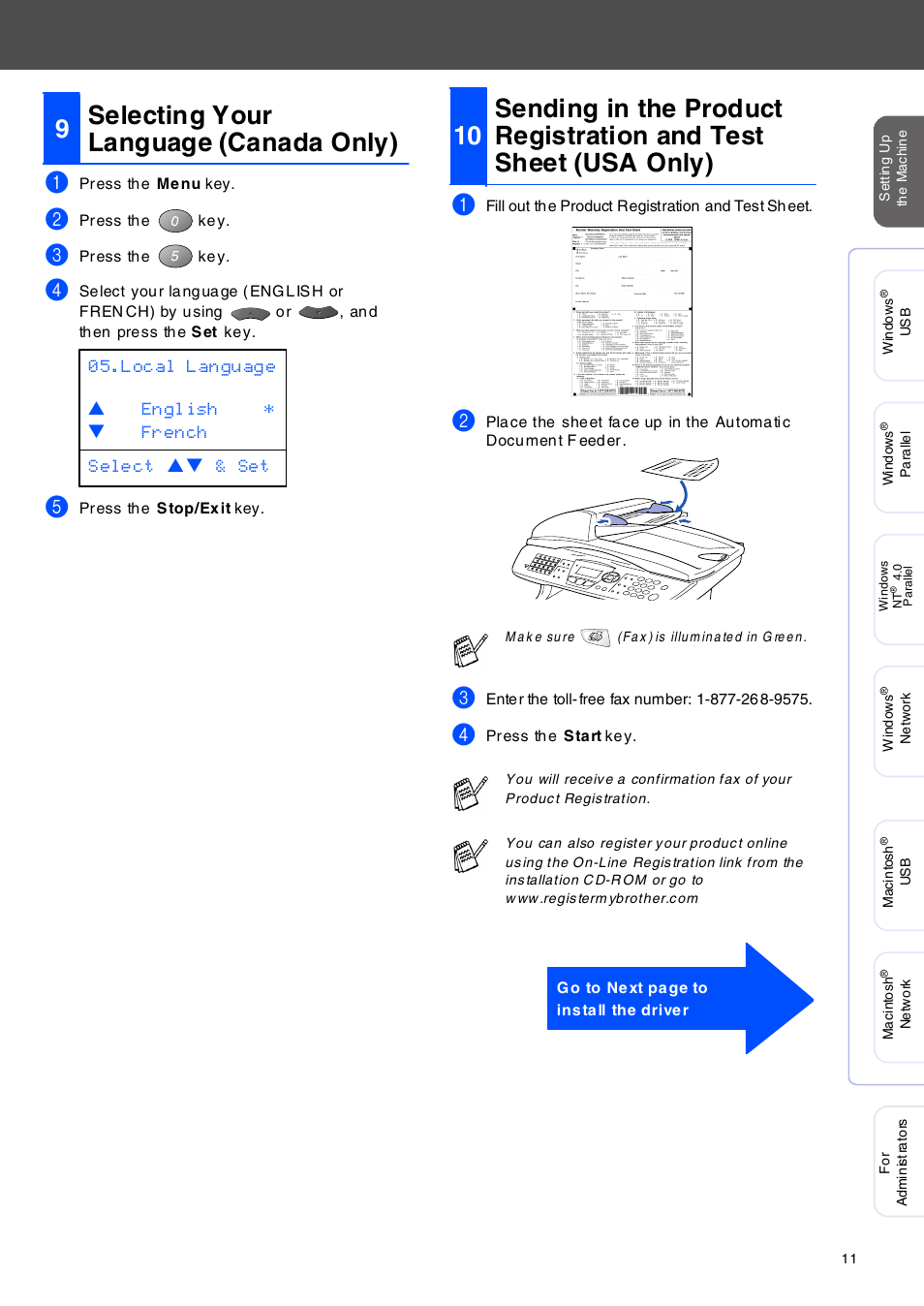 Selecting your language (canada only), S elec ting you r la nguage (ca nada o nly) 1, 9selecting your language (canada only) | Brother MFC-8420 User Manual | Page 12 / 56