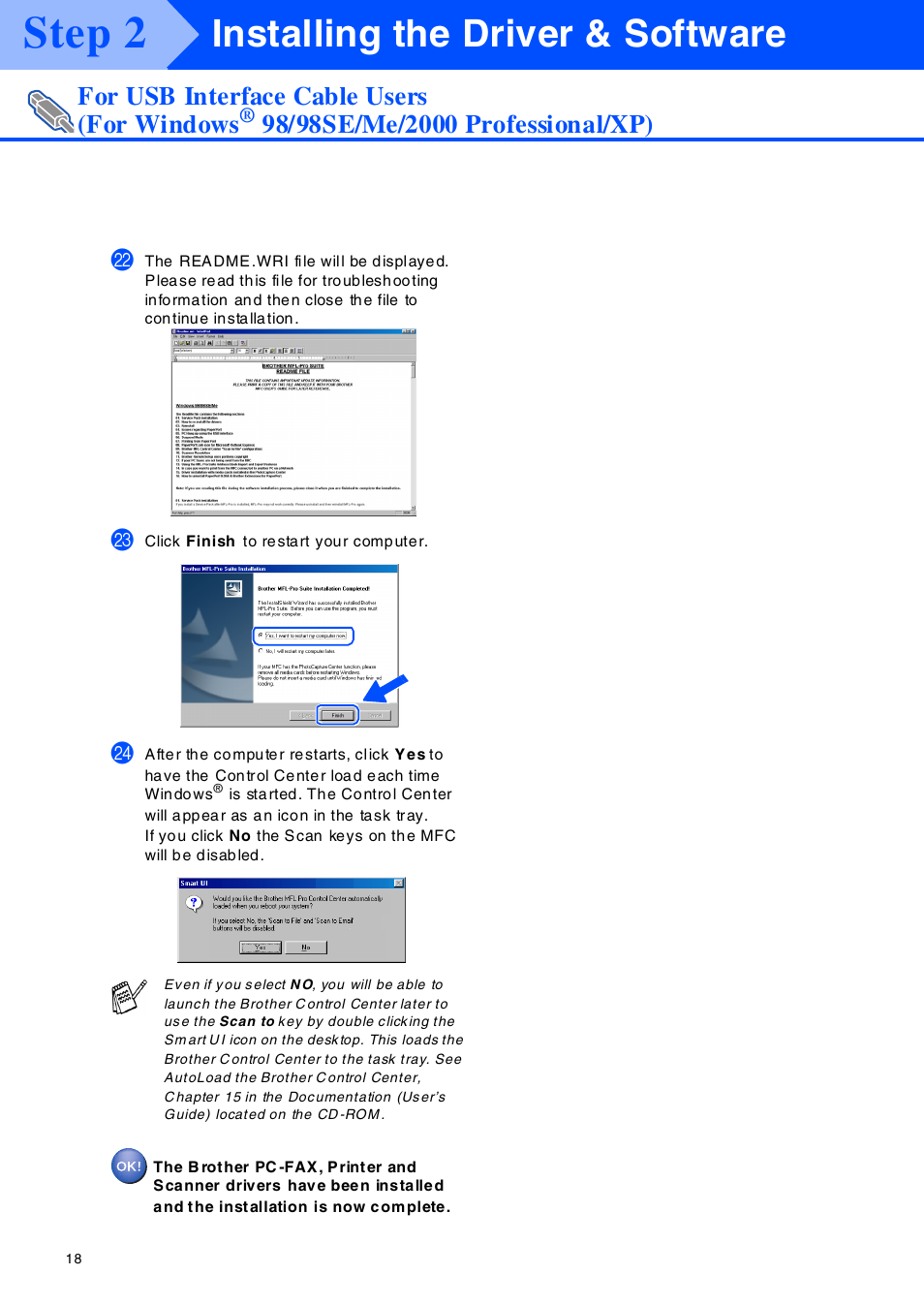 Step 2, Installing the driver & software, For usb interface cable users (for windows | Brother MFC-8420 User Manual | Page 19 / 56