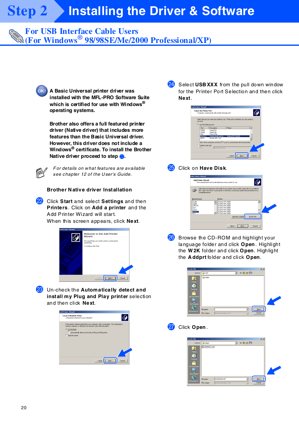 Step 2, Installing the driver & software, For usb interface cable users (for windows | Brother MFC-8420 User Manual | Page 21 / 56