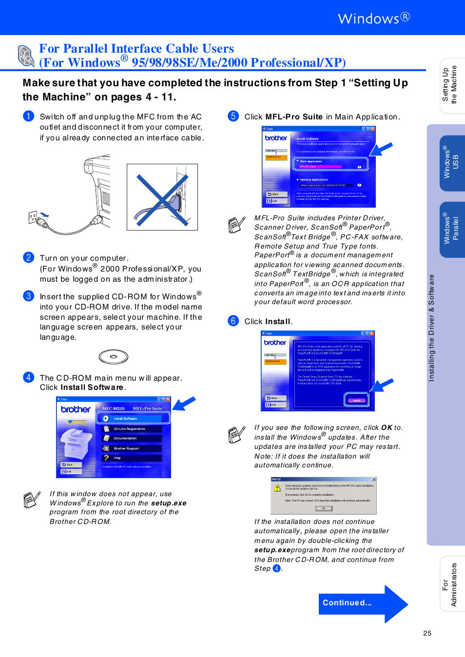 For parallel interface cable users (for window s, 95/98/98se/me/2000 profession al/xp), For parallel interface cable users (for windows | Brother MFC-8420 User Manual | Page 26 / 56