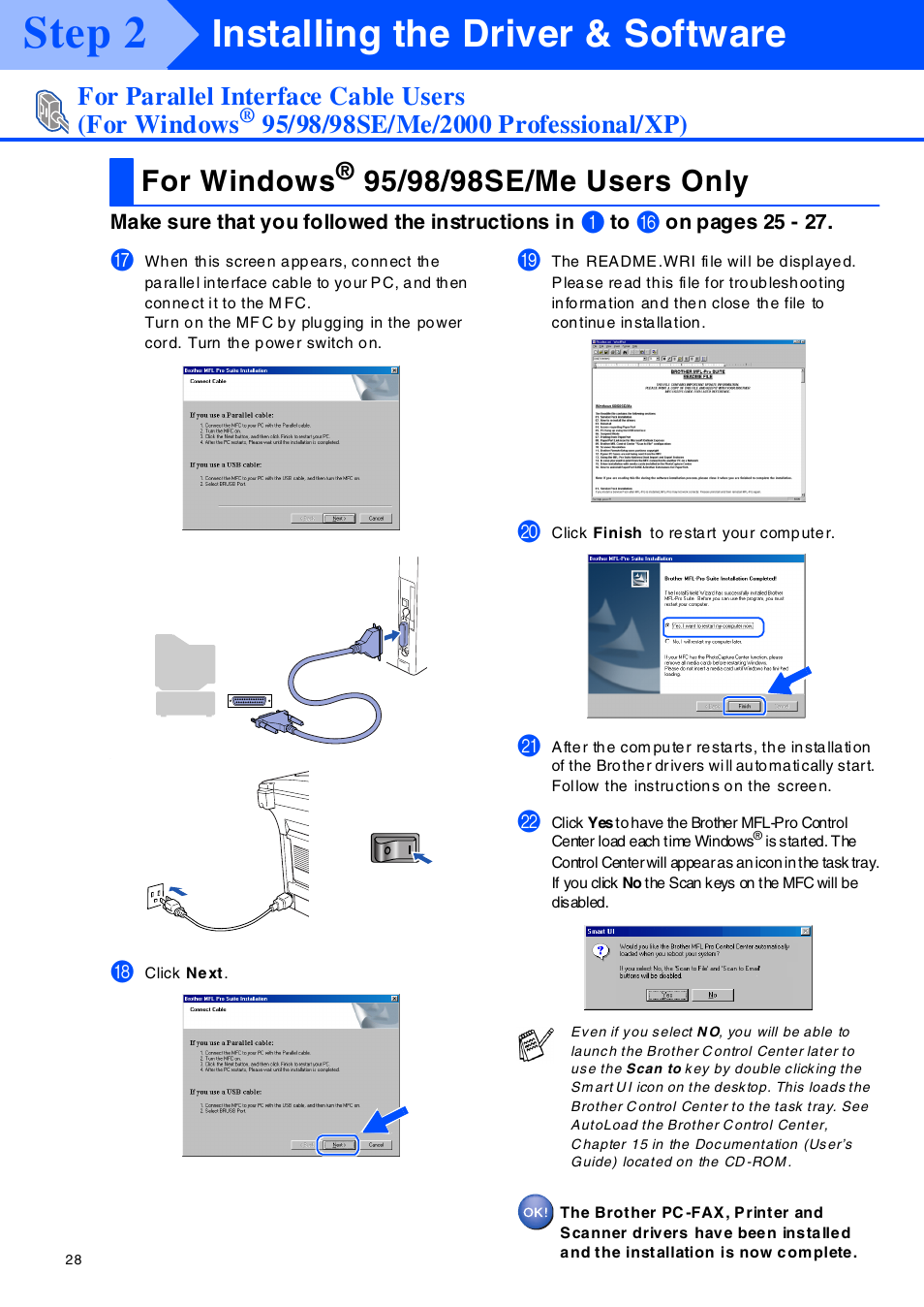 For windows® 95/98/98se/me users only, F or w indows® 95/98/98se/me users only, Step 2 | Installing the driver & software, For windows, For parallel interface cable users (for windows | Brother MFC-8420 User Manual | Page 29 / 56