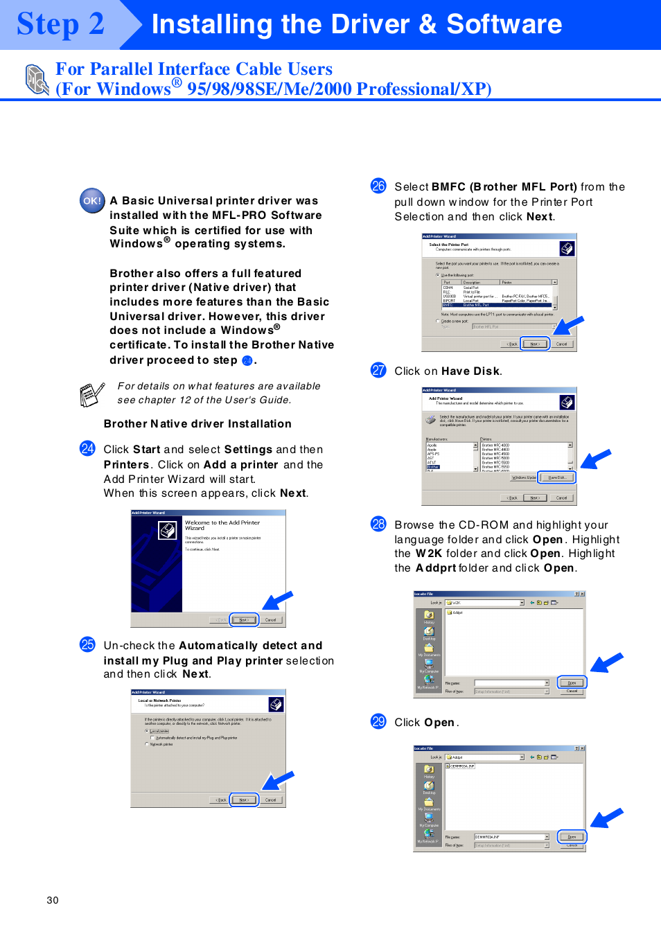 Step 2, Installing the driver & software, For parallel interface cable users (for windows | Brother MFC-8420 User Manual | Page 31 / 56