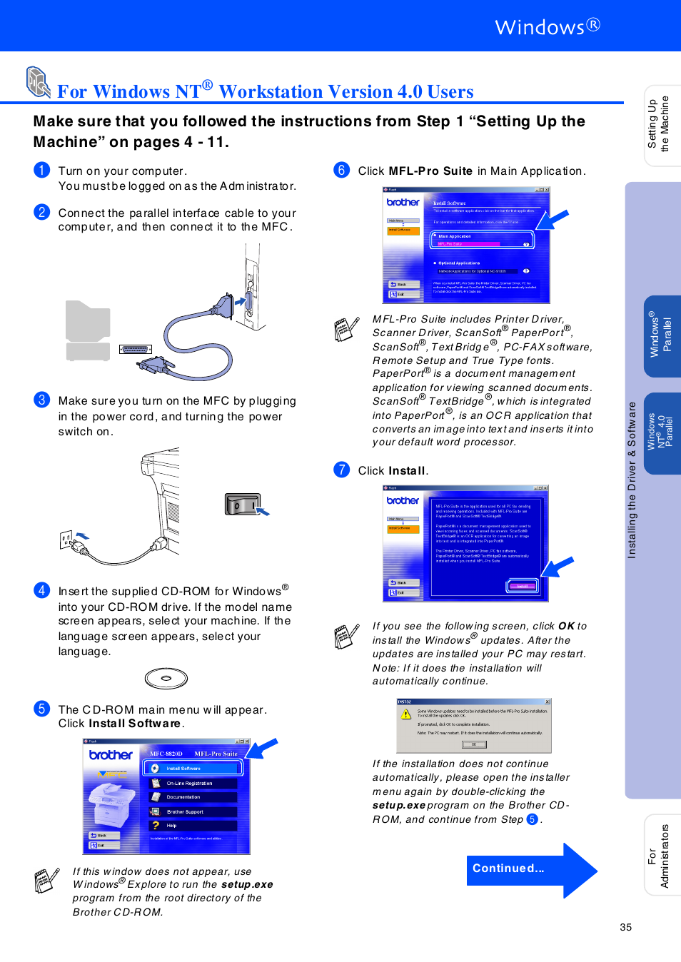 For windows nt® workstation version 4.0 users, For windo ws n t, Workstation versio n 4.0 u sers | For windows nt, Workstation version 4.0 users | Brother MFC-8420 User Manual | Page 36 / 56