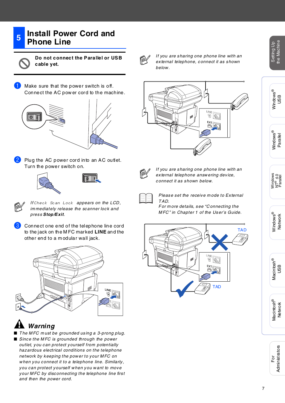 Install power cord and phone line, Inst all p ow er cord and p hone line, 5install power cord and phone line | Warning | Brother MFC-8420 User Manual | Page 8 / 56