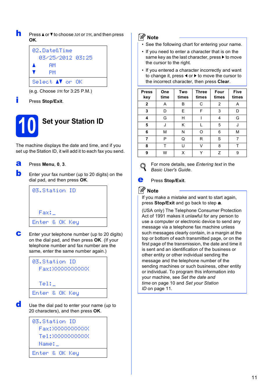 10 set your station id, Set your station id | Brother MFC-8710DW User Manual | Page 11 / 44