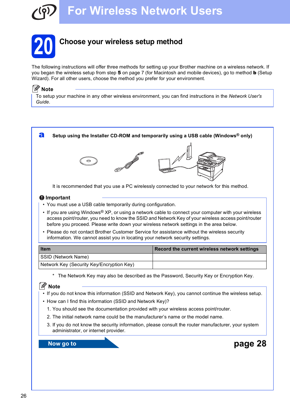 20 choose your wireless setup method, For wireless network users, Page 28 | Choose your wireless setup method | Brother MFC-8710DW User Manual | Page 26 / 44