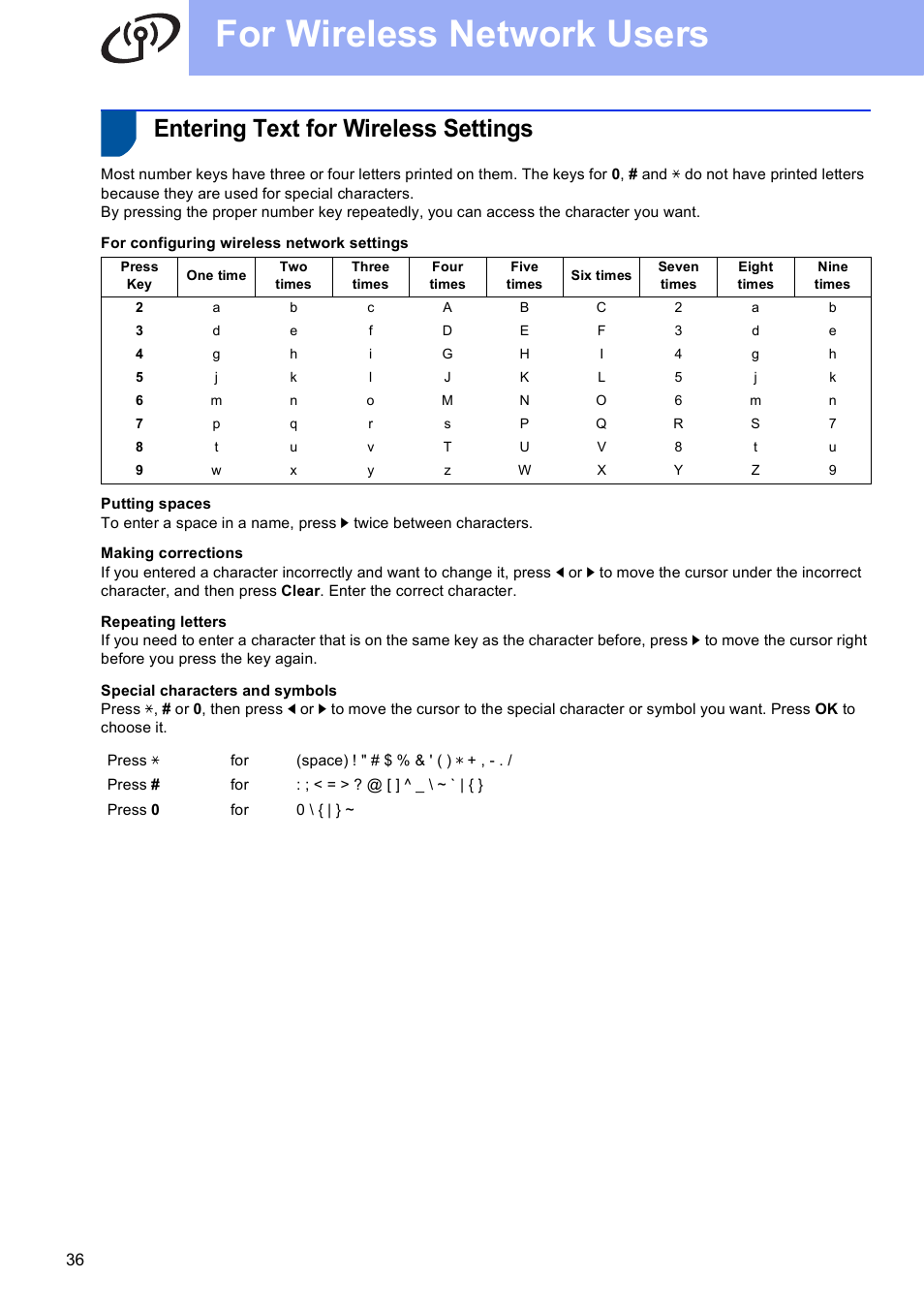 Entering text for wireless settings, For wireless network users | Brother MFC-8710DW User Manual | Page 36 / 44