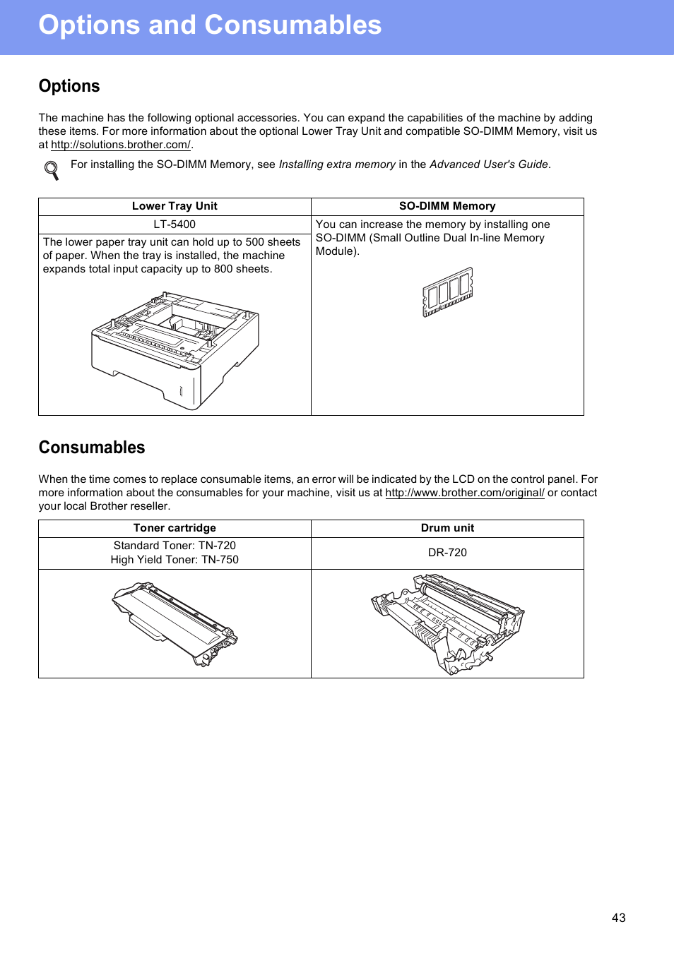 Options and consumables, Options, Consumables | Brother MFC-8710DW User Manual | Page 43 / 44