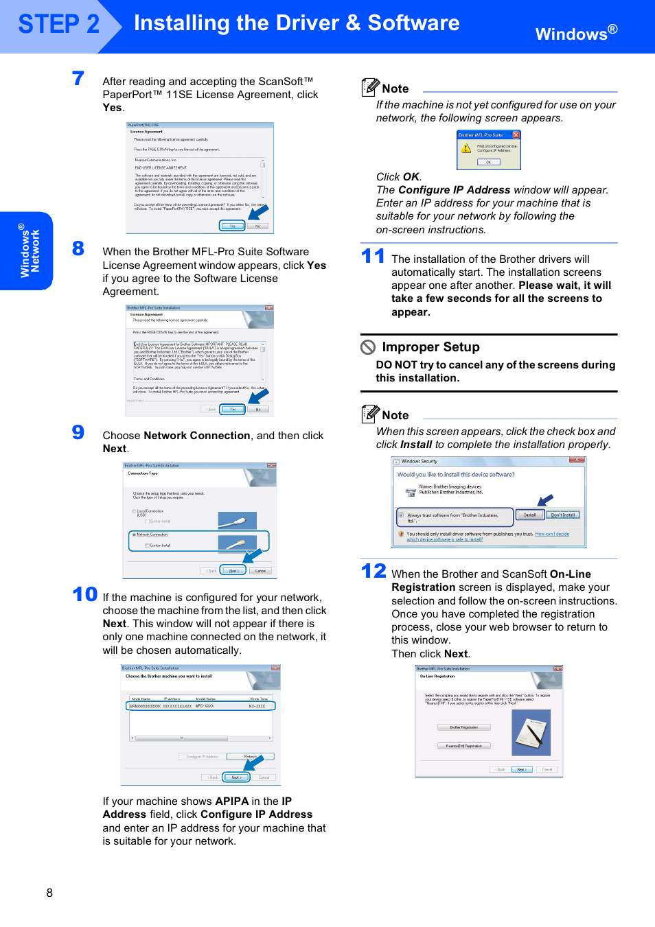 Step 2, Installing the driver & software, Windows | Improper setup | Brother MFC-7220 User Manual | Page 10 / 16