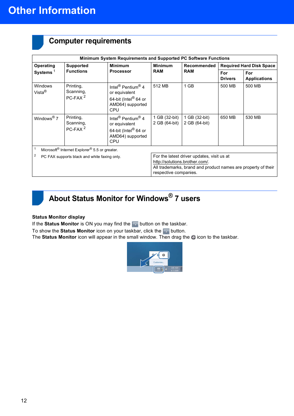 Computer requirements, About status monitor for windows® 7 users, 7 users | Other information, About status monitor for windows | Brother MFC-7220 User Manual | Page 14 / 16