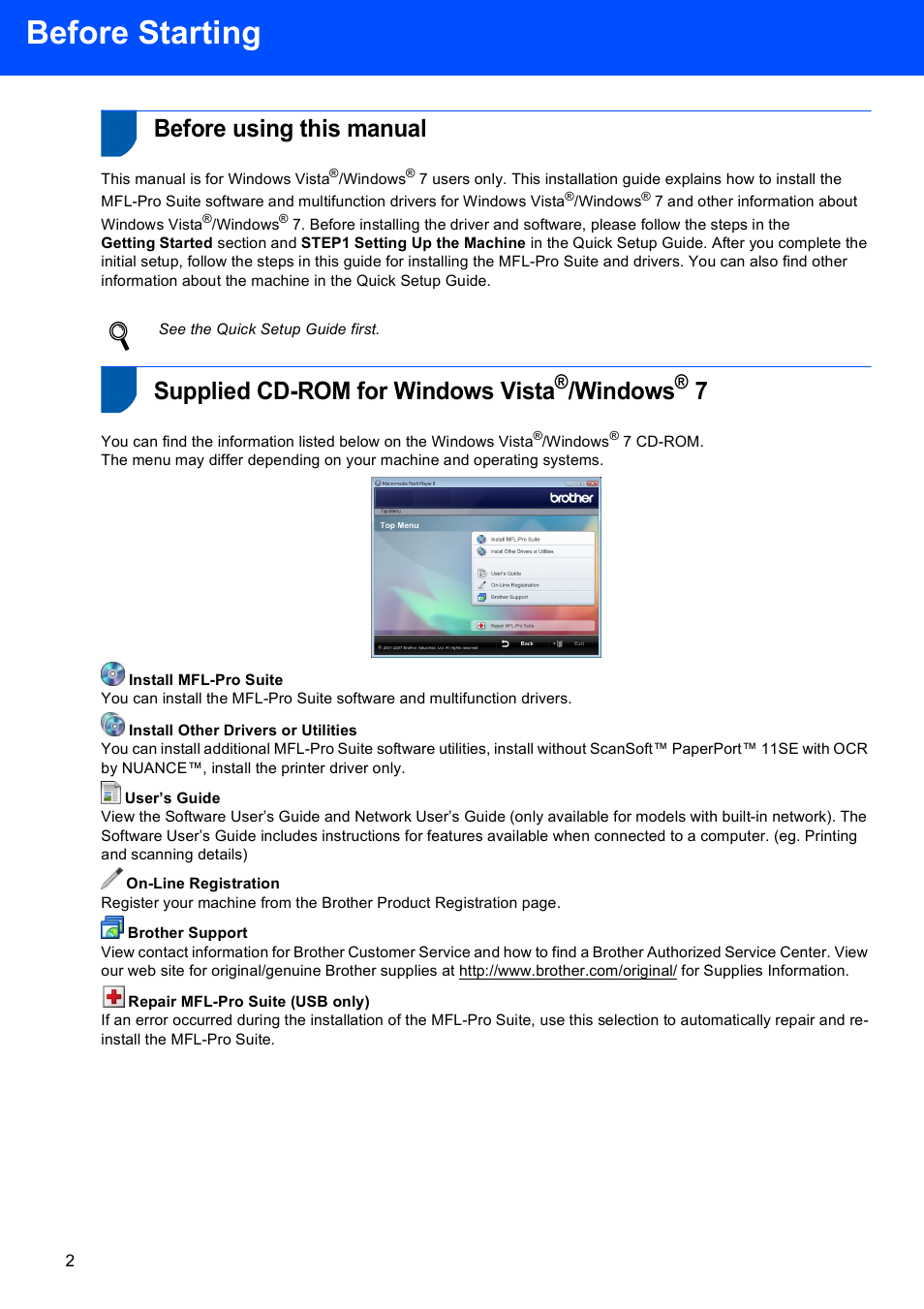 Before starting, Before using this manual, Supplied cd-rom for windows vista®/windows® 7 | Windows, Supplied cd-rom for windows vista | Brother MFC-7220 User Manual | Page 4 / 16