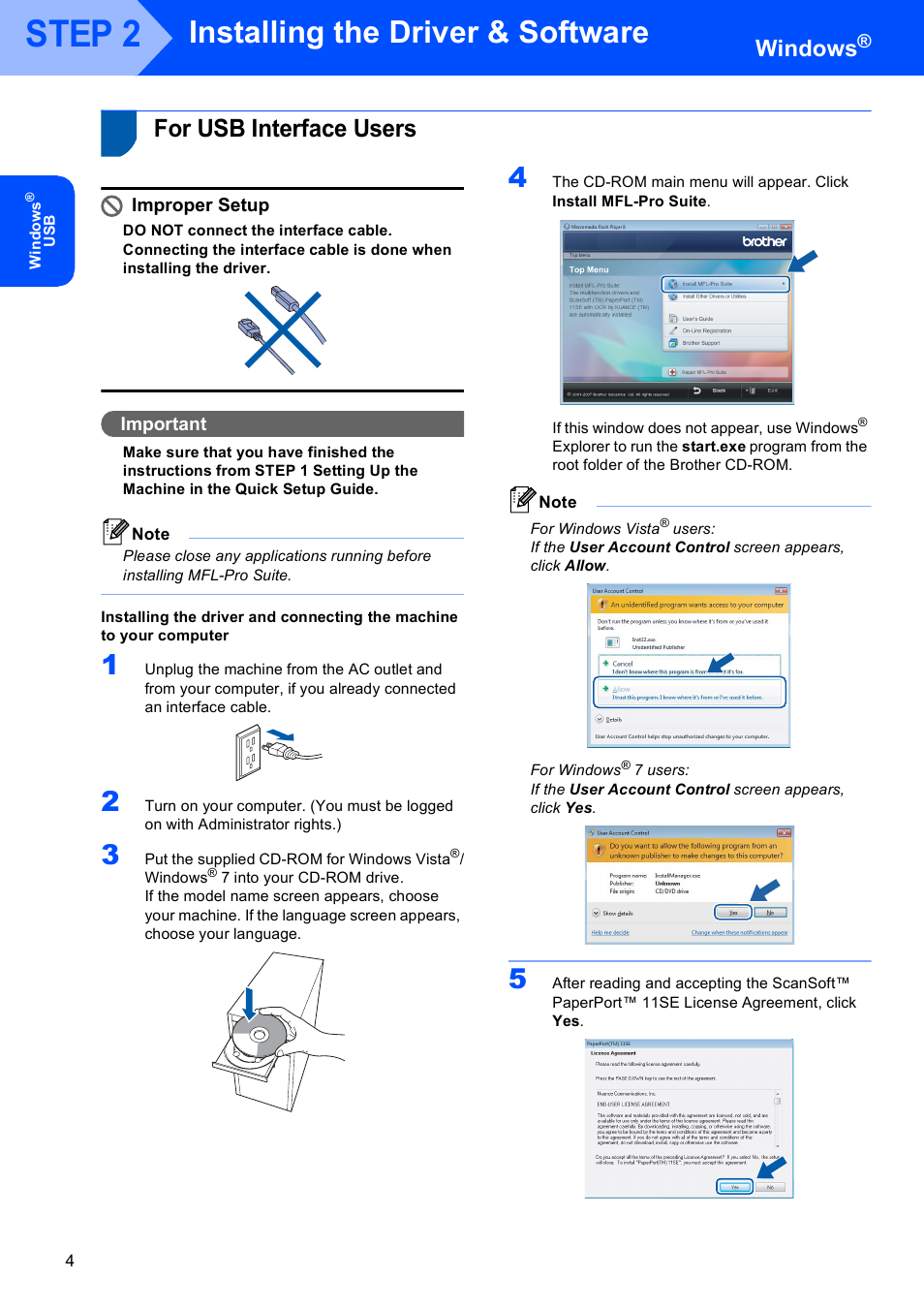 Step 2 installing the driver & software, For usb interface users, Installing the driver & software | Step 2, Windows, Improper setup, Important | Brother MFC-7220 User Manual | Page 6 / 16