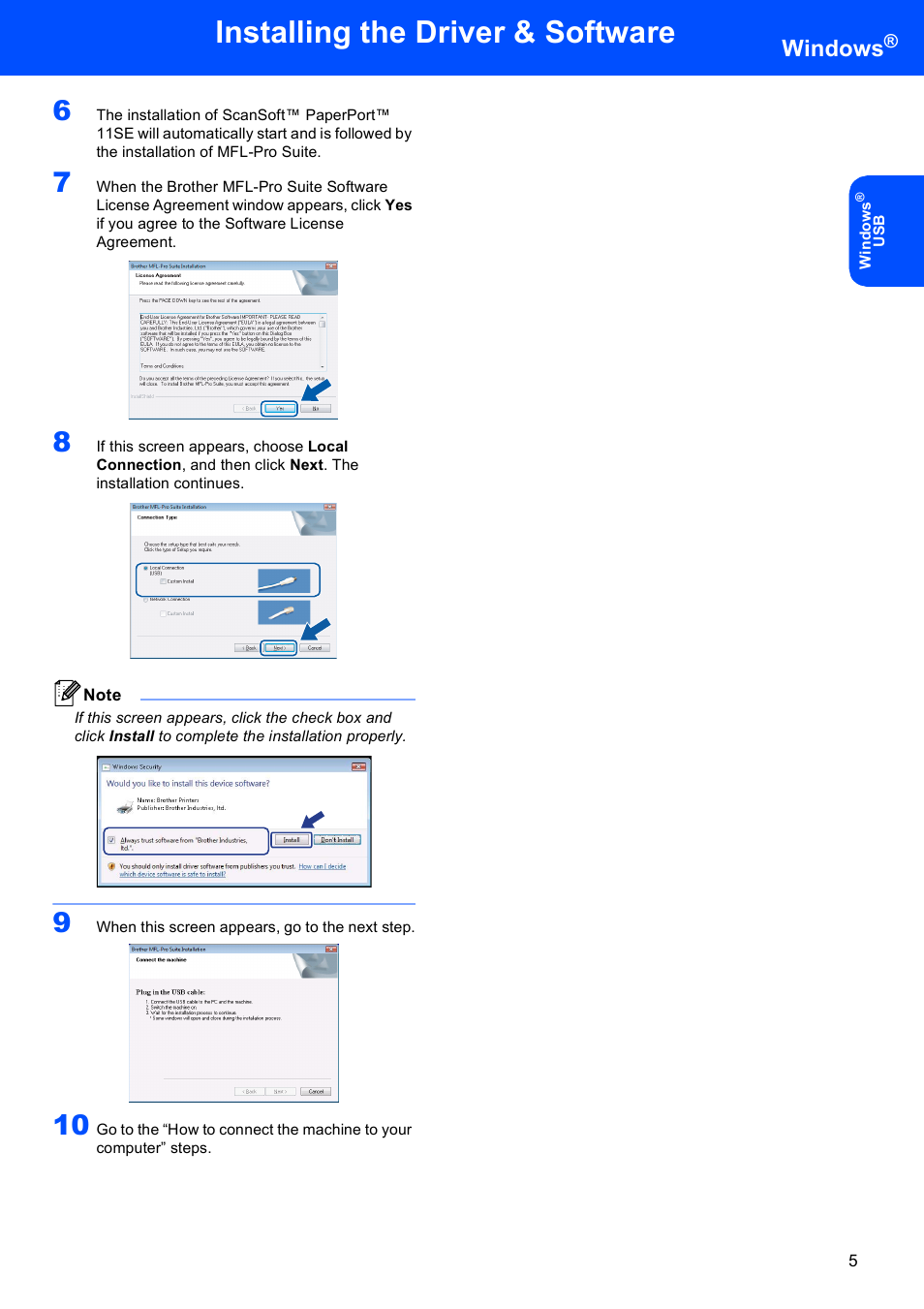 Installing the driver & software, Windows | Brother MFC-7220 User Manual | Page 7 / 16