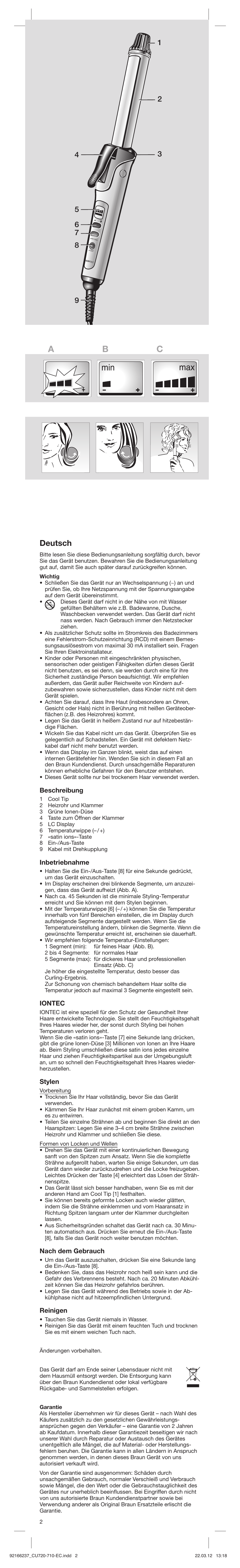 Min max a b c, Deutsch, Beschreibung | Inbetriebnahme, Iontec, Stylen, Nach dem gebrauch, Reinigen | Braun EC1 Satin Hair 7 User Manual | Page 2 / 19