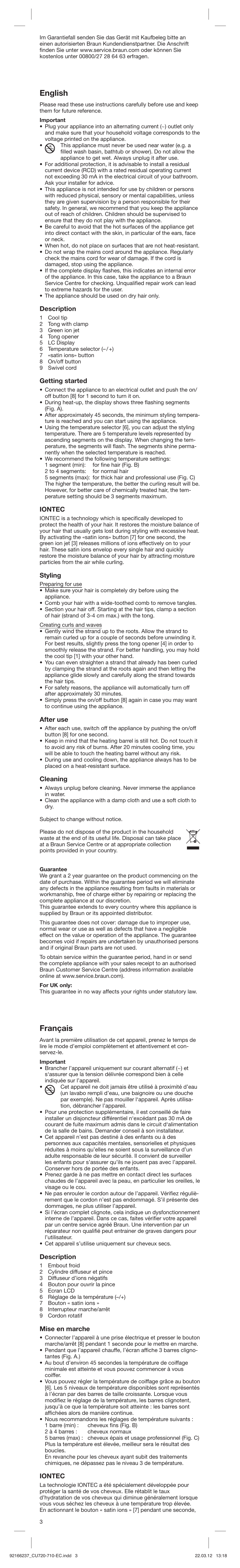 English, Français, Description | Getting started, Iontec, Styling, After use, Cleaning, Mise en marche | Braun EC1 Satin Hair 7 User Manual | Page 3 / 19
