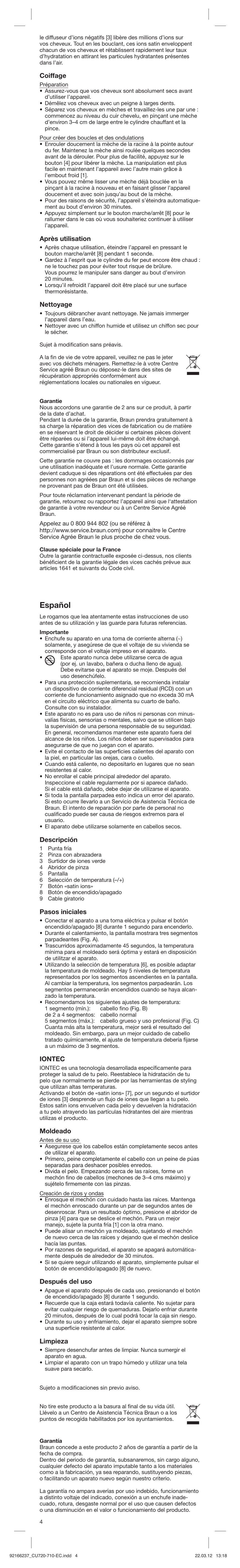 Español, Coiffage, Après utilisation | Nettoyage, Descripción, Pasos iniciales, Iontec, Moldeado, Después del uso, Limpieza | Braun EC1 Satin Hair 7 User Manual | Page 4 / 19