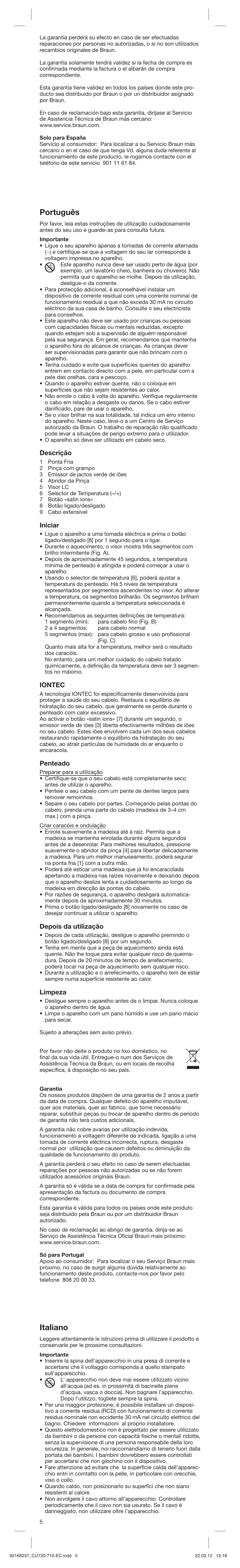 Português, Italiano, Descrição | Iniciar, Iontec, Penteado, Depois da utilização, Limpeza | Braun EC1 Satin Hair 7 User Manual | Page 5 / 19