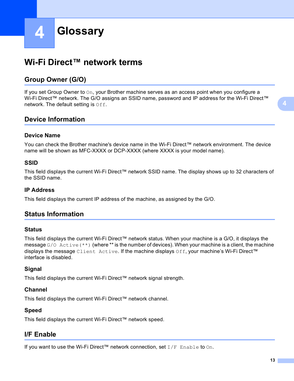 4 glossary, Wi-fi direct™ network terms, Group owner (g/o) | Device information, Device name, Ssid, Ip address, Status information, Status, Signal | Brother MFC-J875DW User Manual | Page 16 / 18