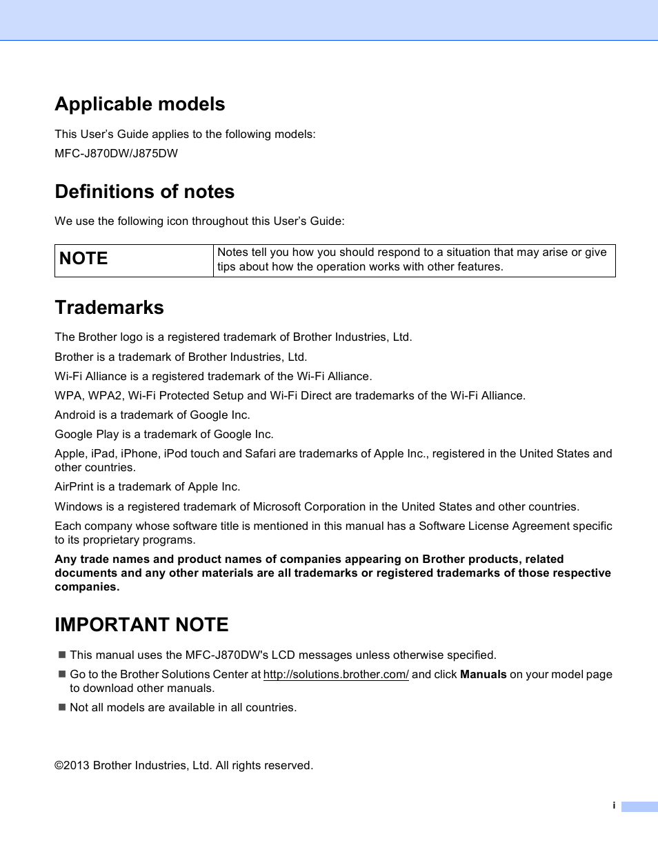 Applicable models, Definitions of notes, Trademarks | Important note | Brother MFC-J875DW User Manual | Page 2 / 18