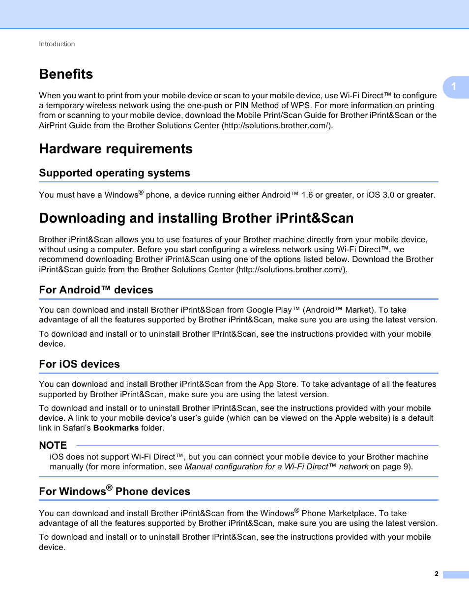 Benefits, Hardware requirements, Supported operating systems | Downloading and installing brother iprint&scan, For android™ devices, For ios devices, For windows® phone devices, Benefits hardware requirements, For android™ devices for ios devices for windows, Phone devices | Brother MFC-J875DW User Manual | Page 5 / 18