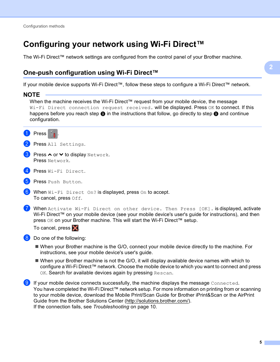 Configuring your network using wi-fi direct, One-push configuration using wi-fi direct | Brother MFC-J875DW User Manual | Page 8 / 18