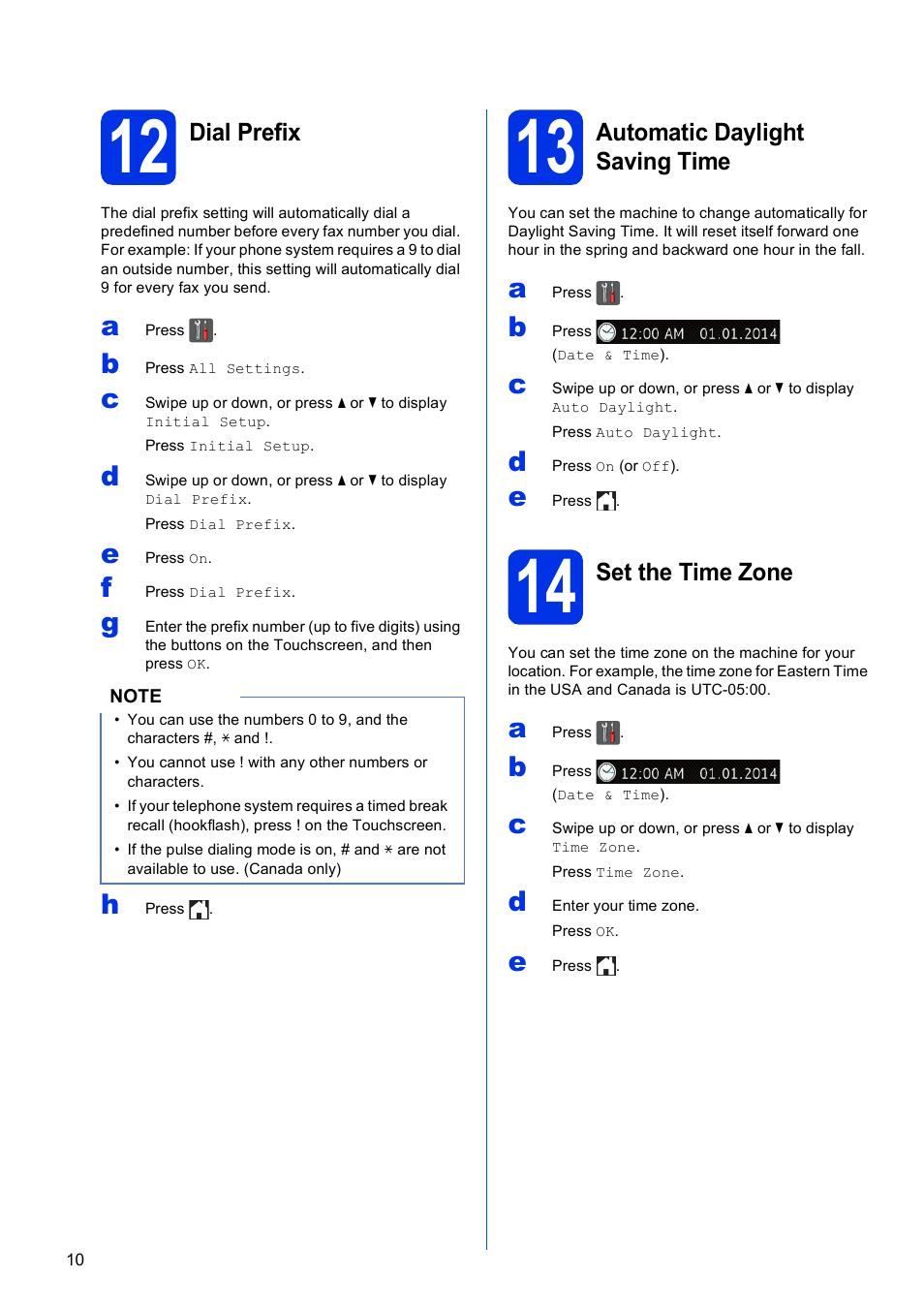 12 dial prefix, 13 automatic daylight saving time, 14 set the time zone | Brother MFC-9330CDW User Manual | Page 10 / 42