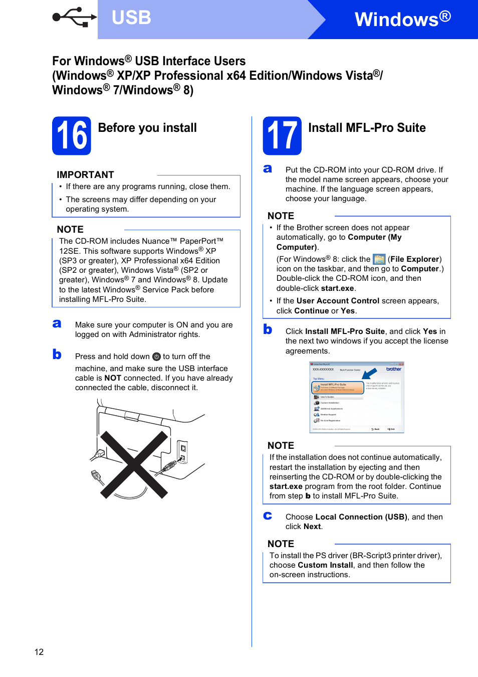 16 before you install, 17 install mfl-pro suite, Windows | For windows, Usb interface users (windows, Xp/xp professional x64 edition/windows vista, 7/windows, Before you install, Install mfl-pro suite | Brother MFC-9330CDW User Manual | Page 12 / 42