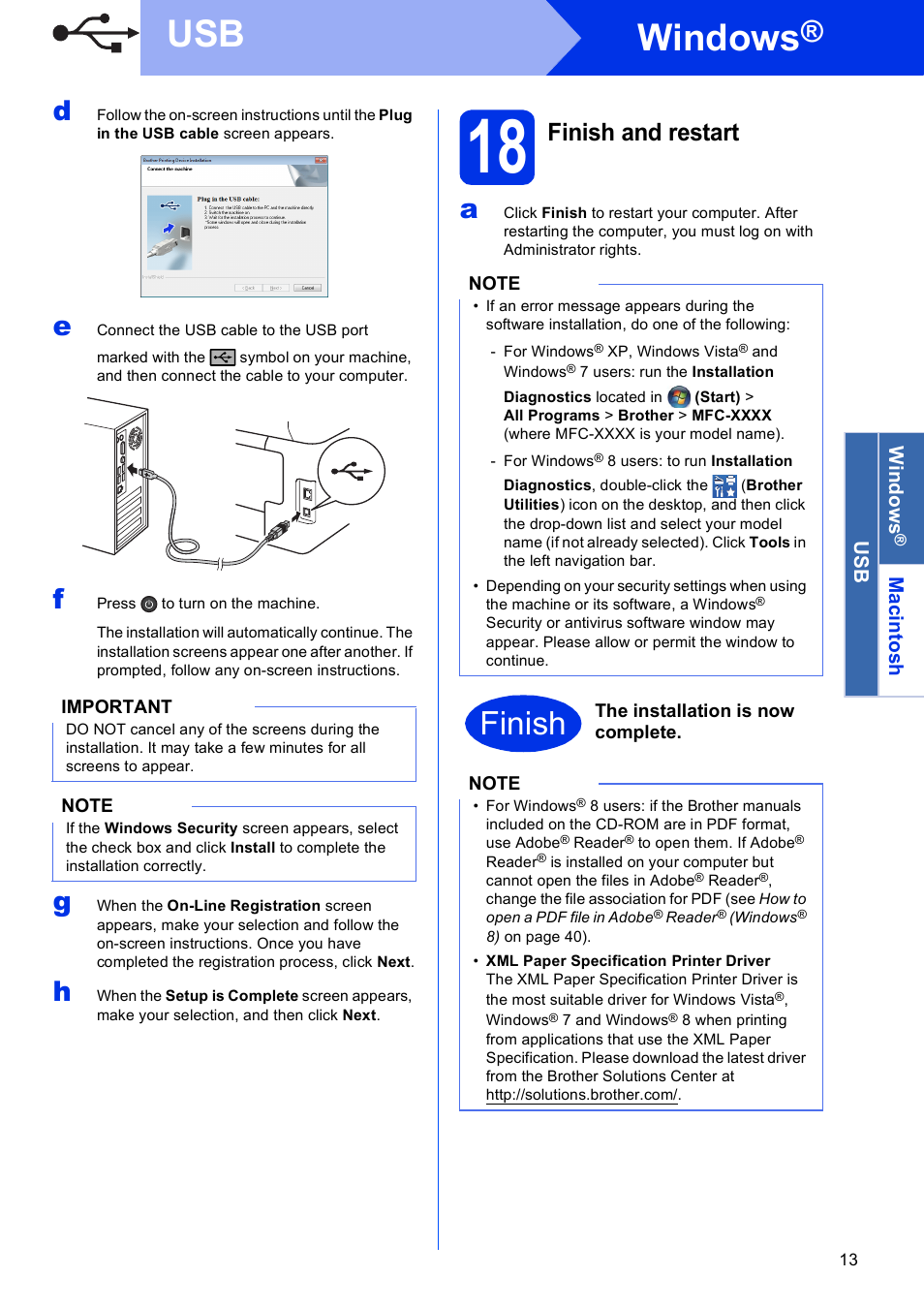 18 finish and restart, Windows, Finish | Finish and restart | Brother MFC-9330CDW User Manual | Page 13 / 42