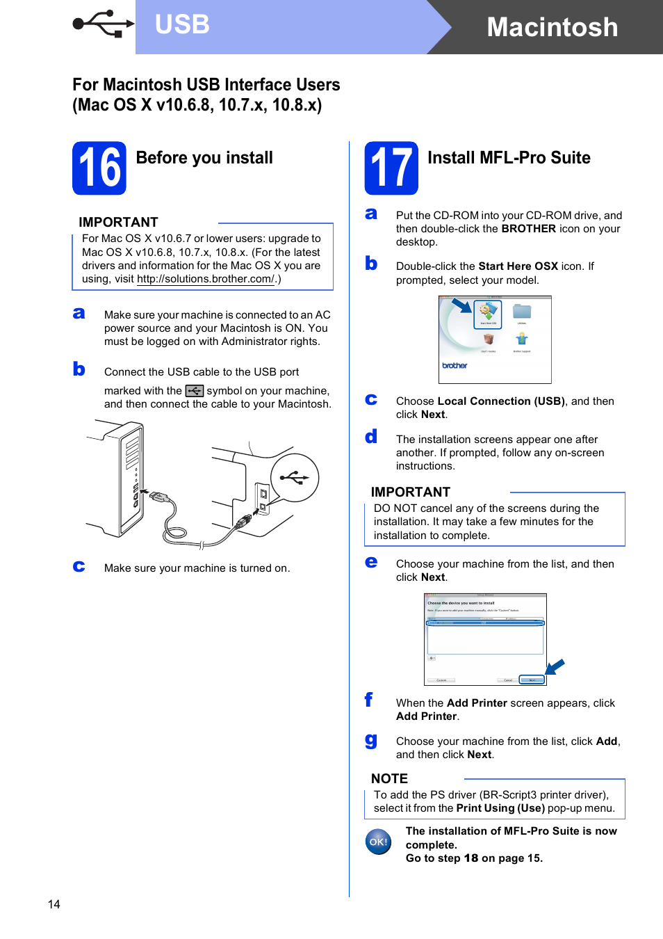 16 before you install, 17 install mfl-pro suite, Macintosh | Brother MFC-9330CDW User Manual | Page 14 / 42