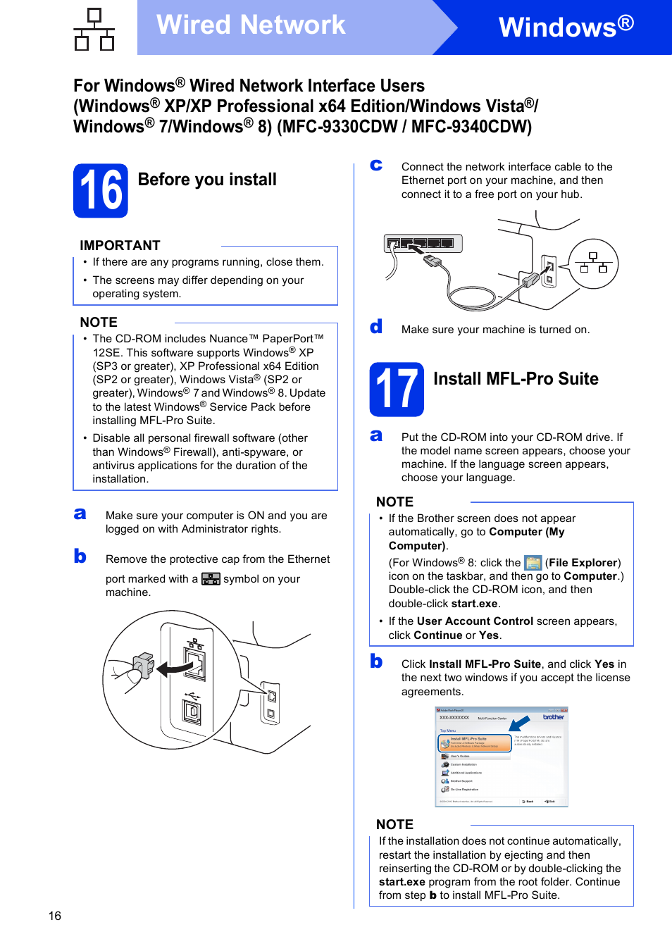 16 before you install, 17 install mfl-pro suite, Windows | Wired network, For windows, Wired network interface users (windows, Xp/xp professional x64 edition/windows vista, 7/windows, Before you install, Install mfl-pro suite | Brother MFC-9330CDW User Manual | Page 16 / 42