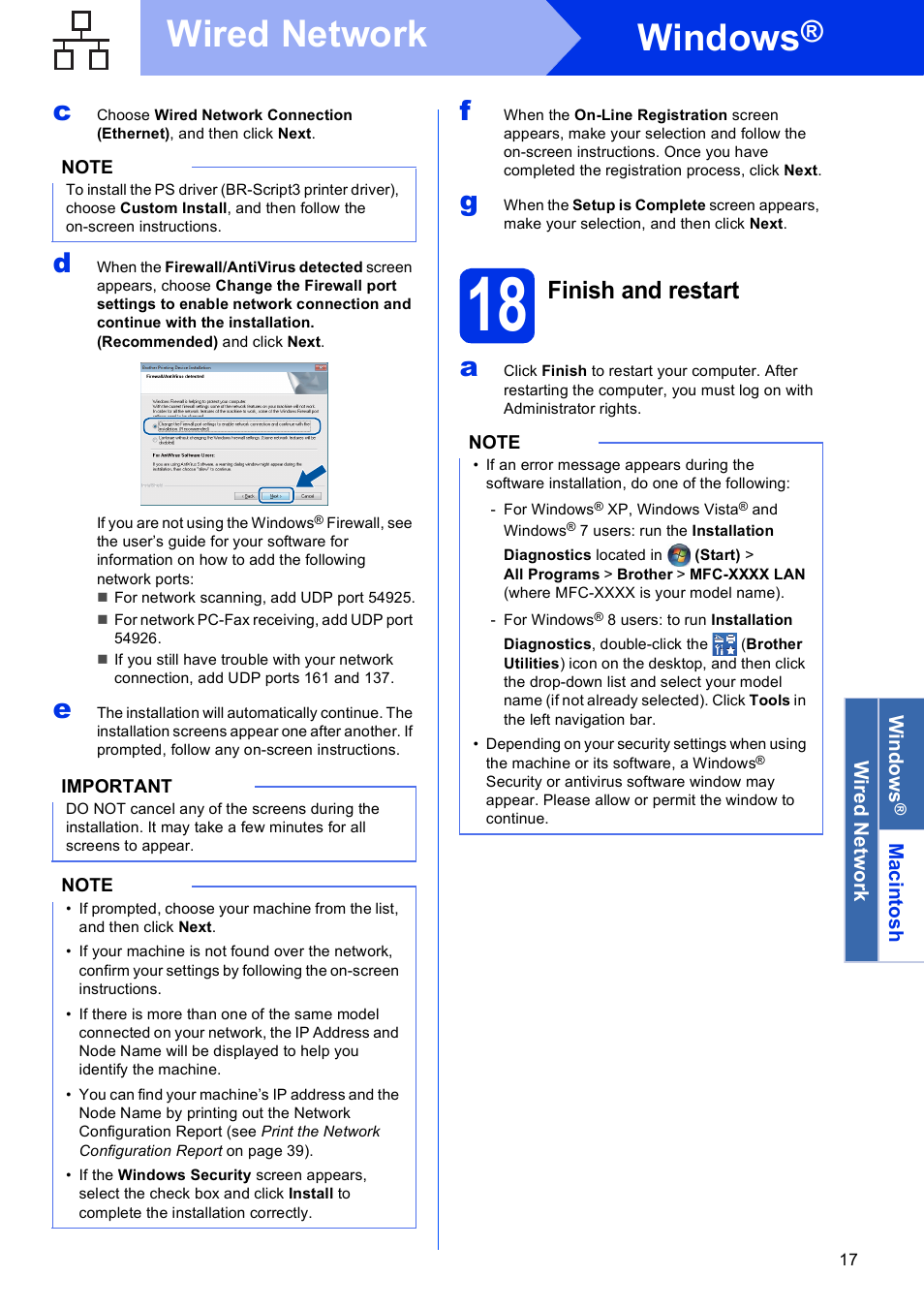 18 finish and restart, Windows, Wired network | Finish and restart | Brother MFC-9330CDW User Manual | Page 17 / 42