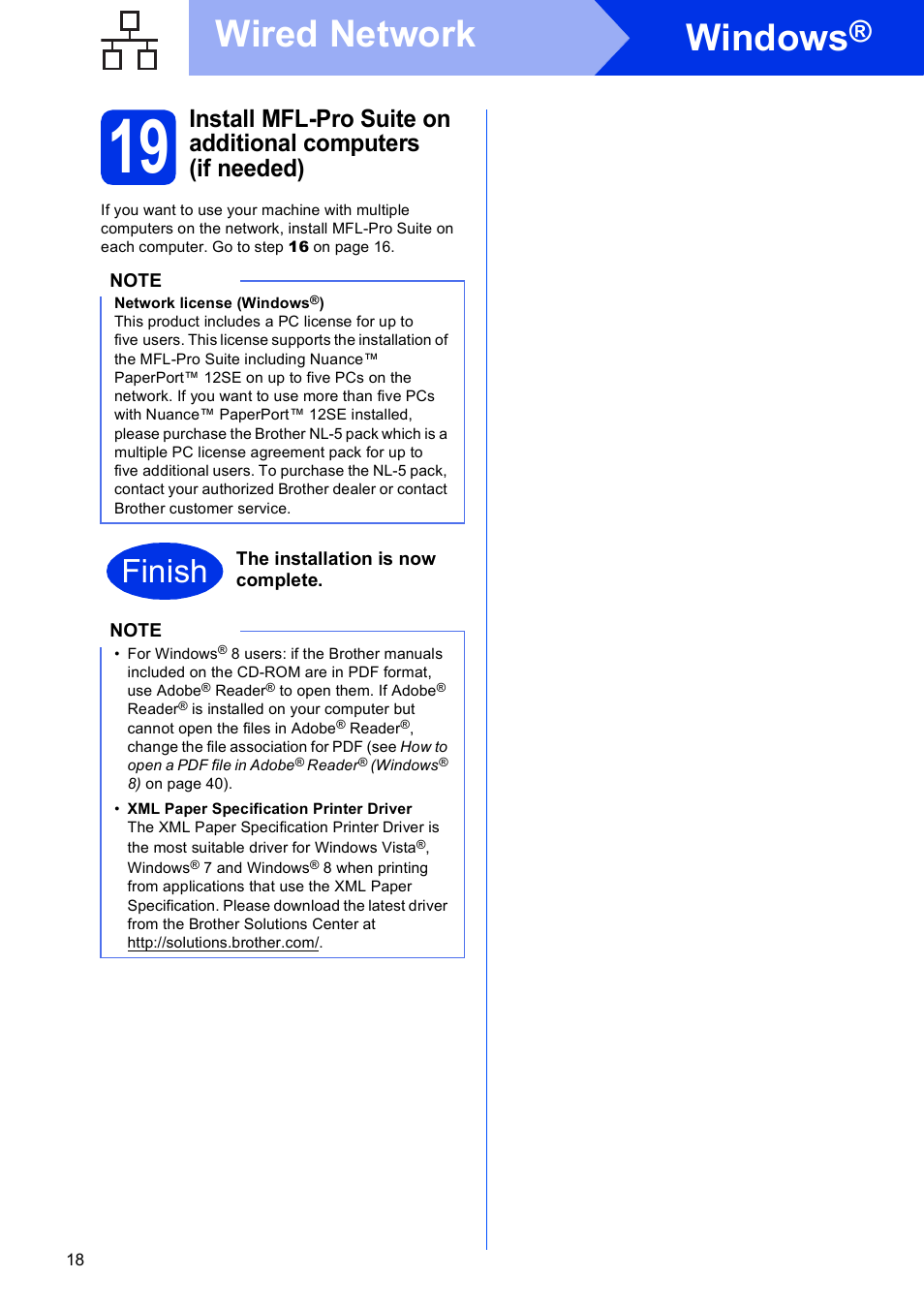 Windows, Wired network, Finish | Brother MFC-9330CDW User Manual | Page 18 / 42