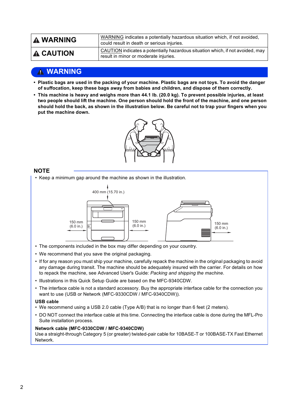 Warning, Caution | Brother MFC-9330CDW User Manual | Page 2 / 42