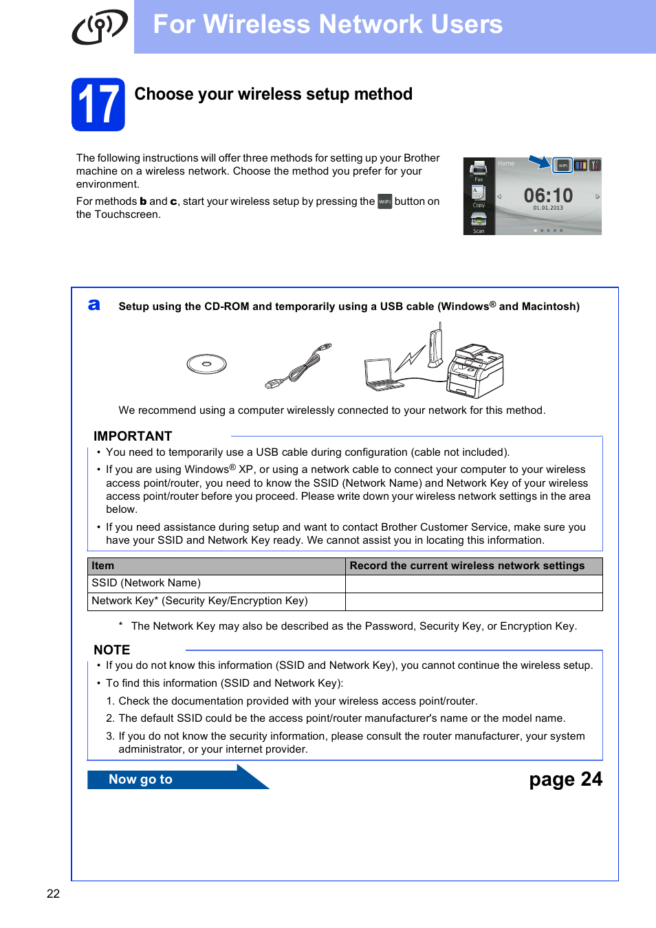 17 choose your wireless setup method, For wireless network users, Page 24 | Choose your wireless setup method | Brother MFC-9330CDW User Manual | Page 22 / 42