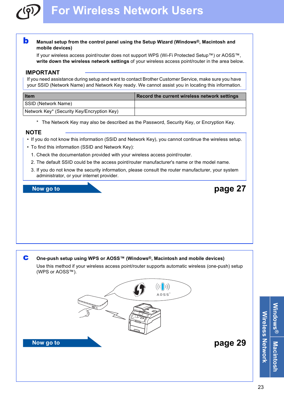 For wireless network users, Page 27, Page 29 | Brother MFC-9330CDW User Manual | Page 23 / 42