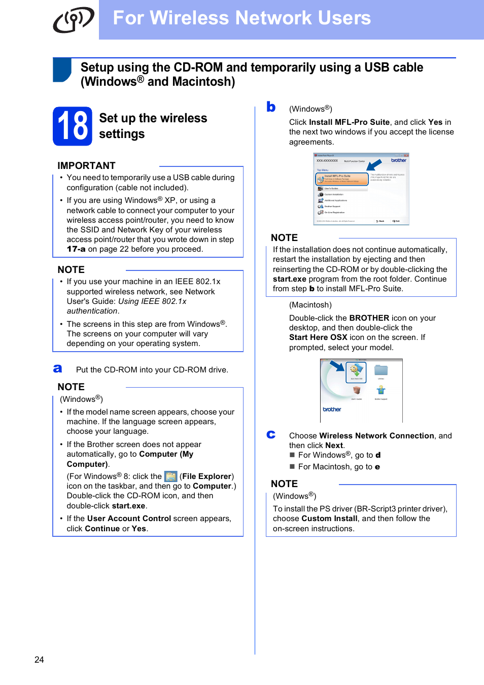 18 set up the wireless settings, For wireless network users, And macintosh) | Set up the wireless settings | Brother MFC-9330CDW User Manual | Page 24 / 42