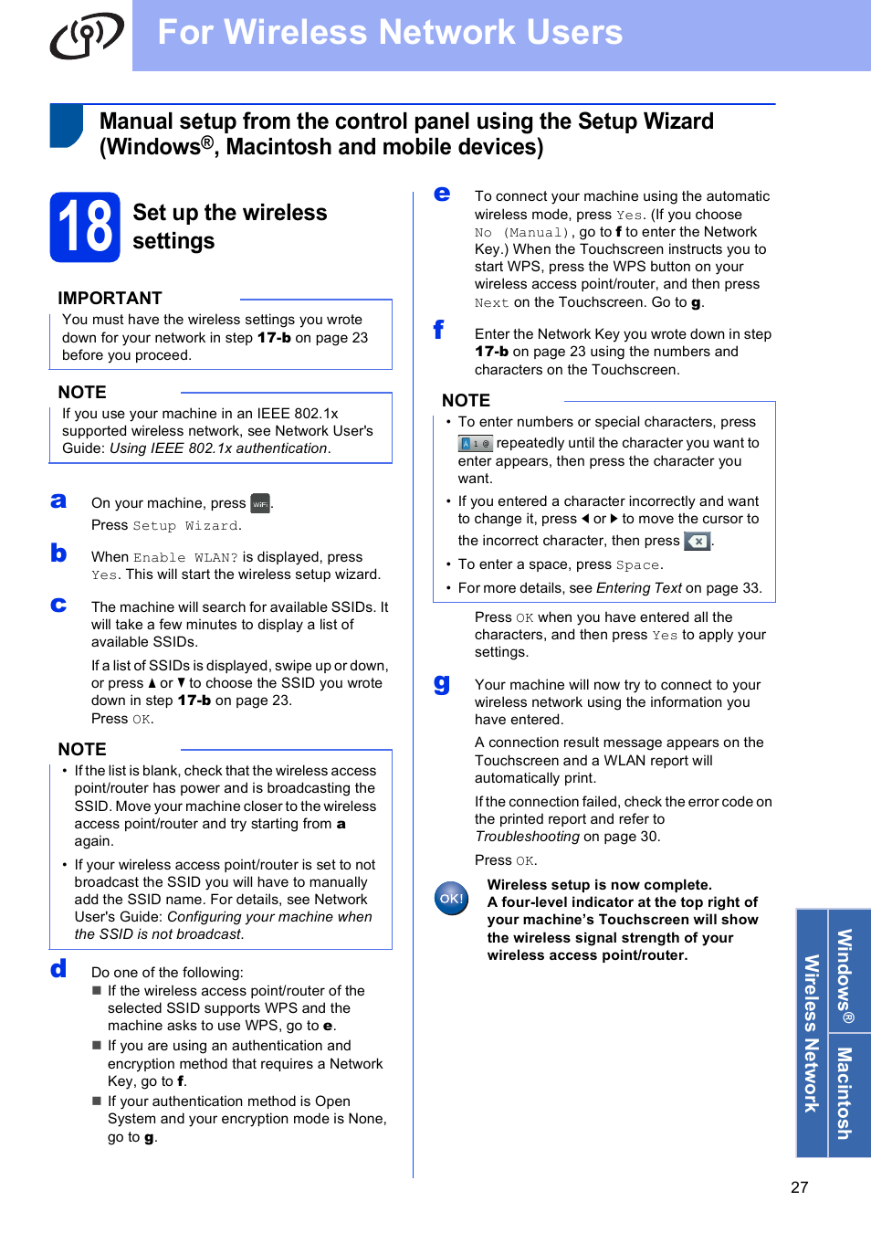 18 set up the wireless settings, For wireless network users, Macintosh and mobile devices) | Set up the wireless settings | Brother MFC-9330CDW User Manual | Page 27 / 42