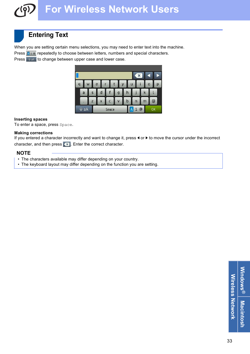 Entering text, For wireless network users | Brother MFC-9330CDW User Manual | Page 33 / 42