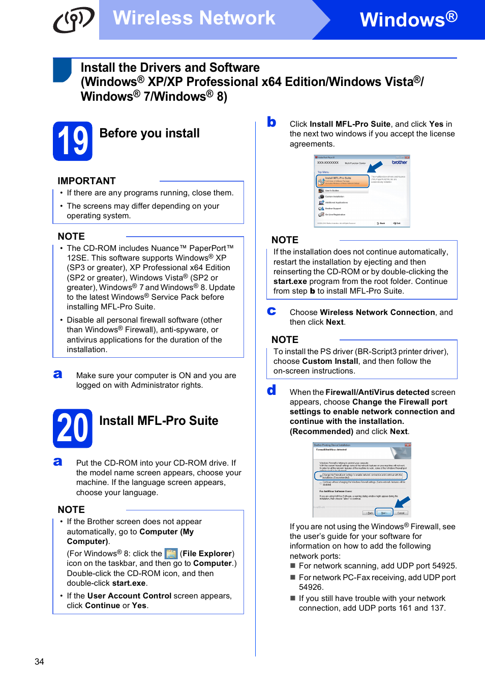 19 before you install, 20 install mfl-pro suite, Windows | Wireless network, Install the drivers and software (windows, Xp/xp professional x64 edition/windows vista, 7/windows, Before you install, Install mfl-pro suite | Brother MFC-9330CDW User Manual | Page 34 / 42