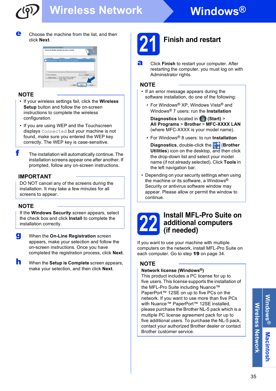 21 finish and restart, Windows, Wireless network | Finish and restart | Brother MFC-9330CDW User Manual | Page 35 / 42