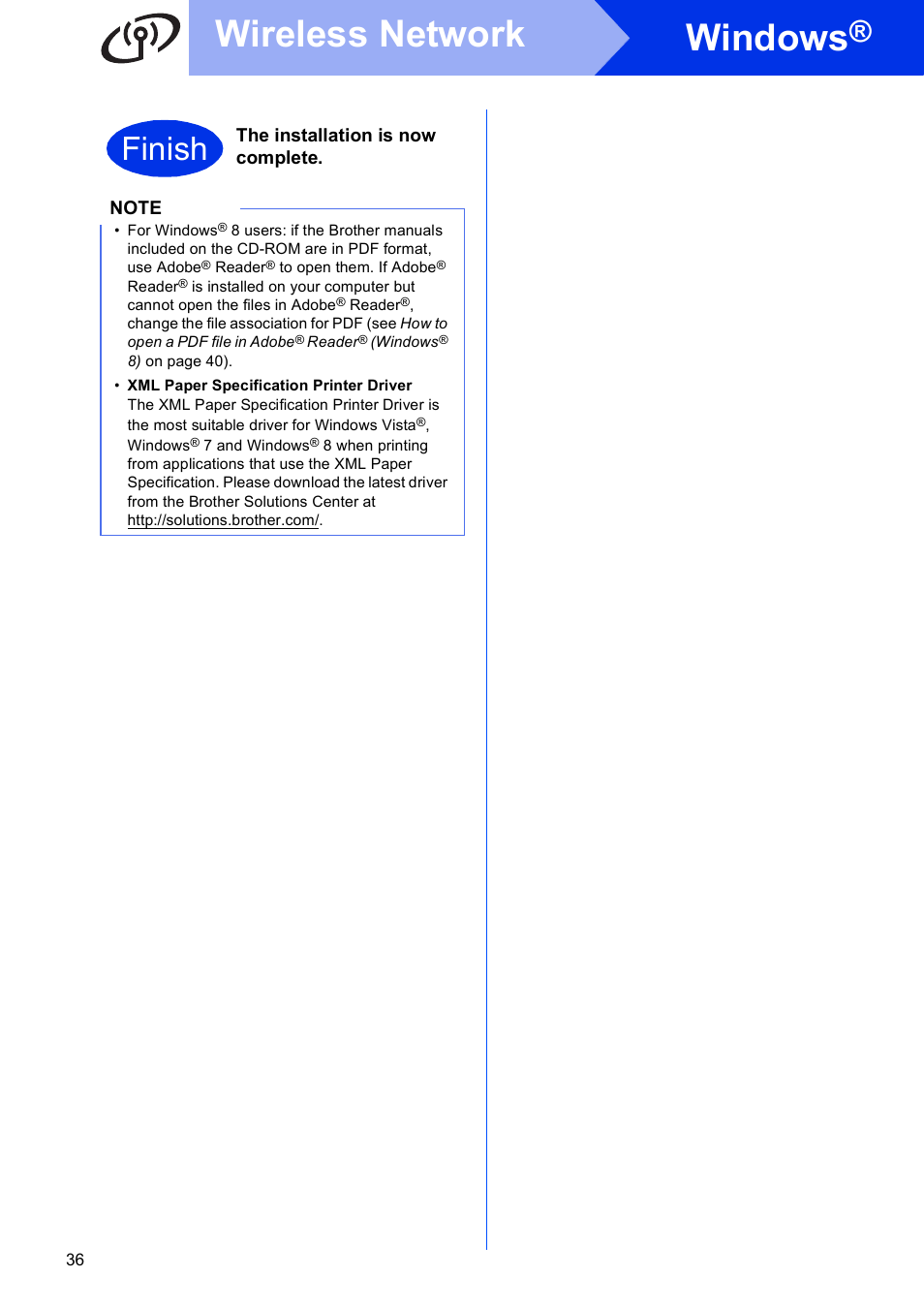 Windows, Wireless network, Finish | Brother MFC-9330CDW User Manual | Page 36 / 42